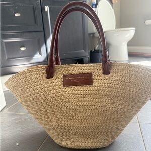 Sezane Beige Woven Tote Bag with Brown Handles
